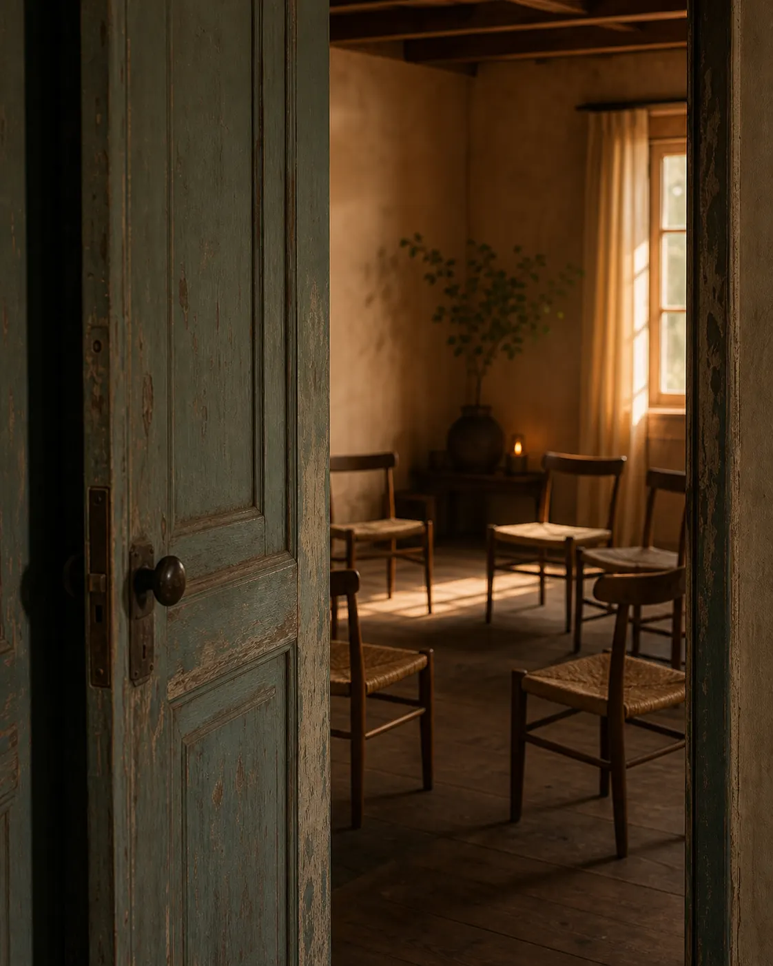 Simple wooden chairs gathered inside a sunlit doorway