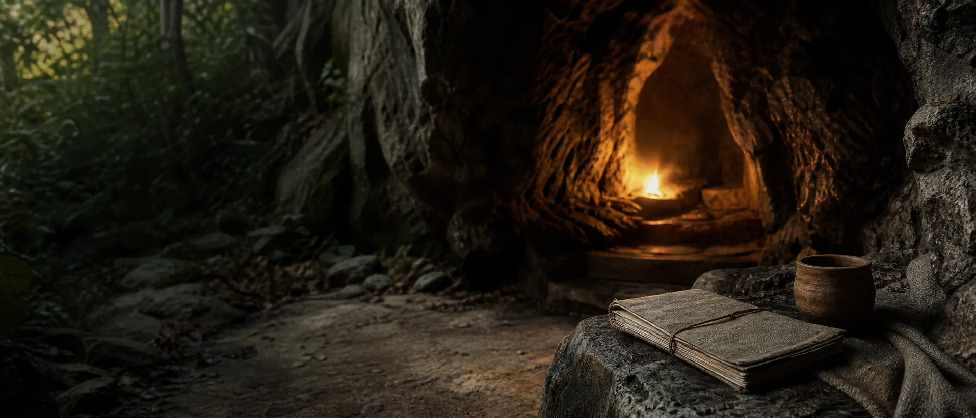 A firelit stone chamber with a bound journal and clay cup resting on a rock ledge