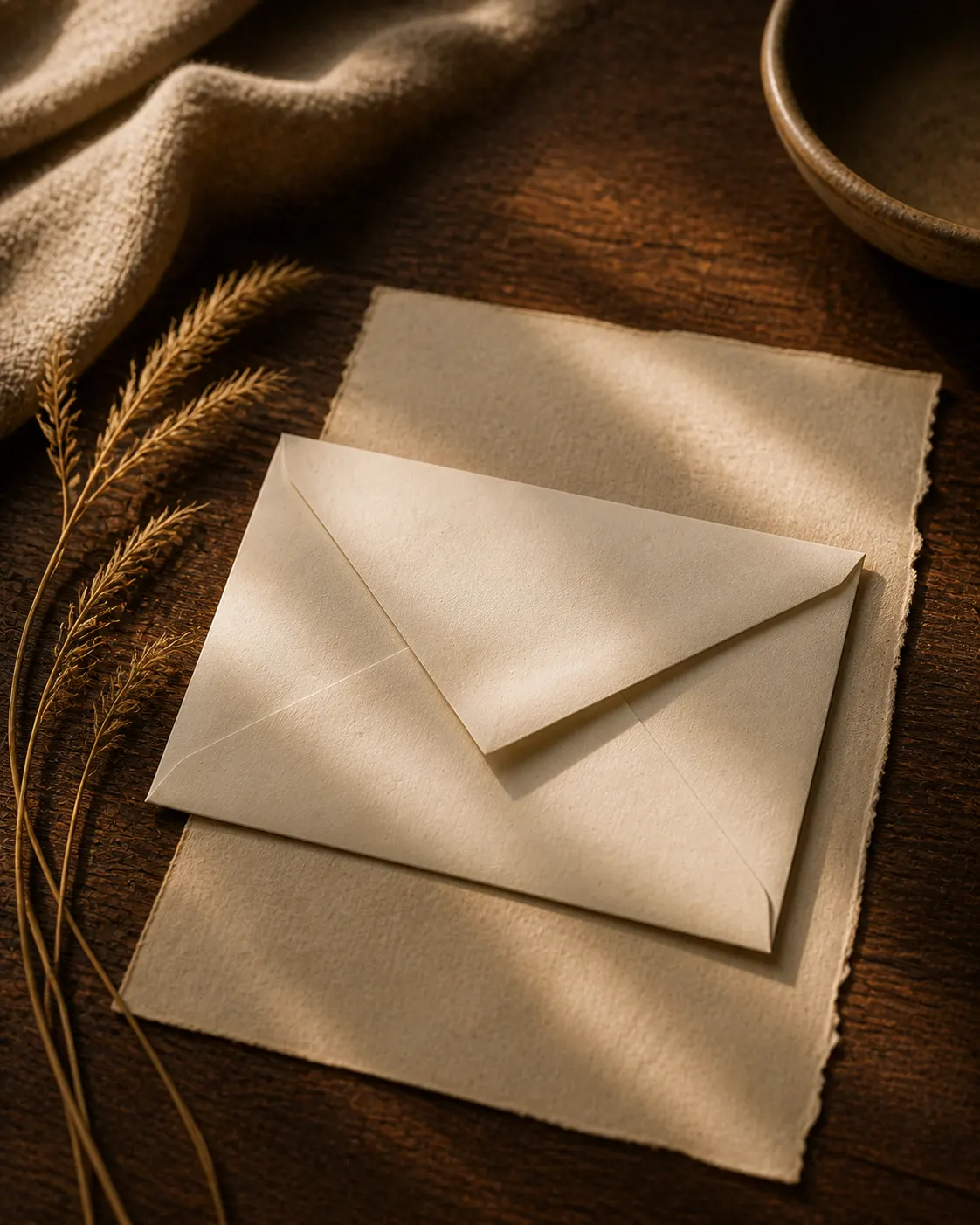 A cream envelope resting on dark wood beside dried grain