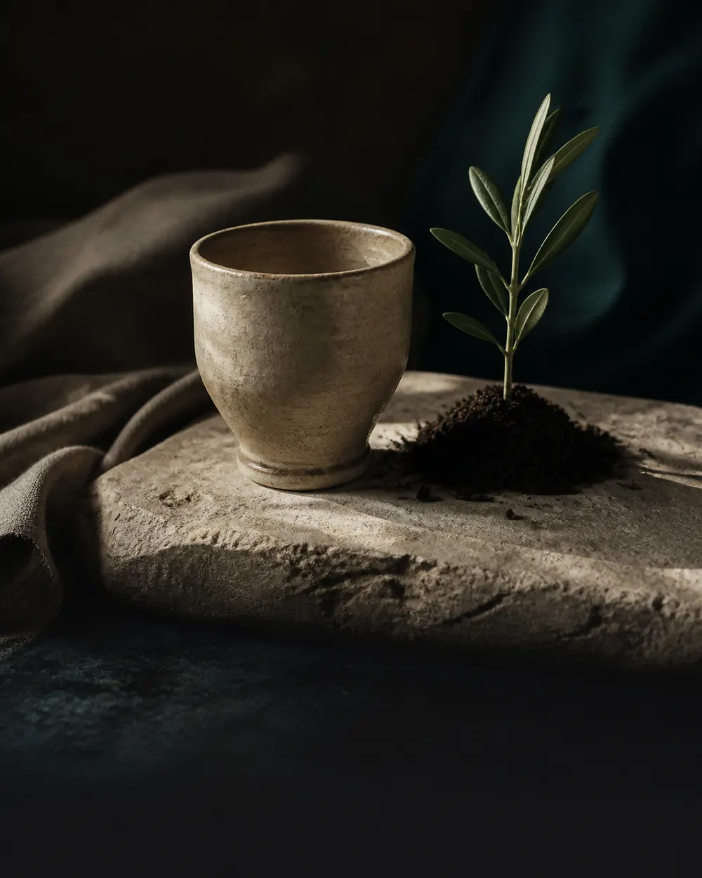 An upright empty cup beside a living olive shoot