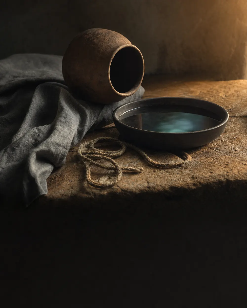 A loosened natural cord beside an emptied clay vessel