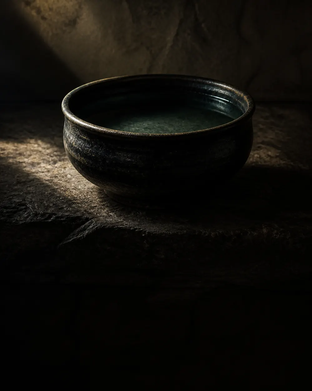 A dark water vessel catching one clear line of morning light