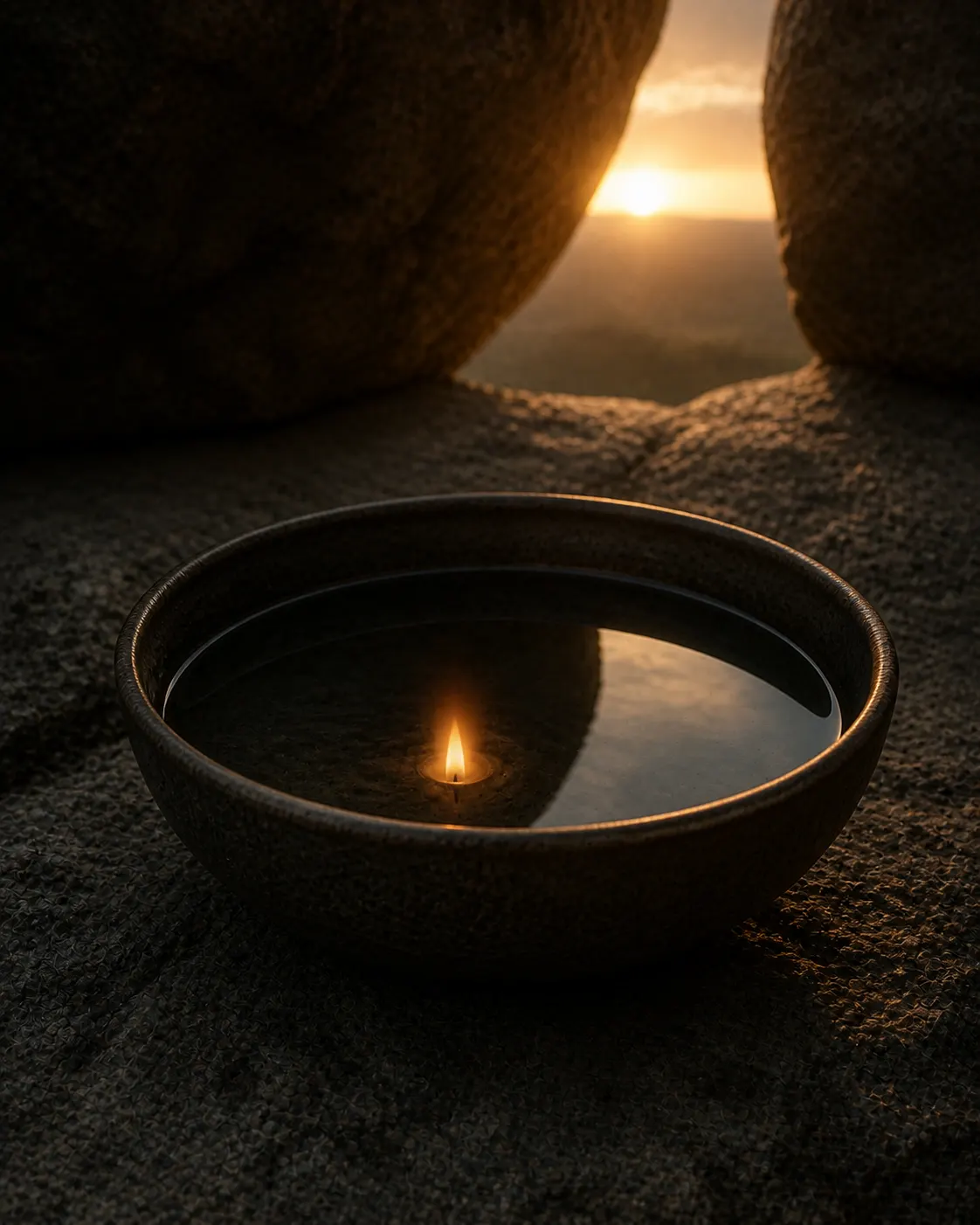 A dark bowl of still water holding the reflection of a single flame