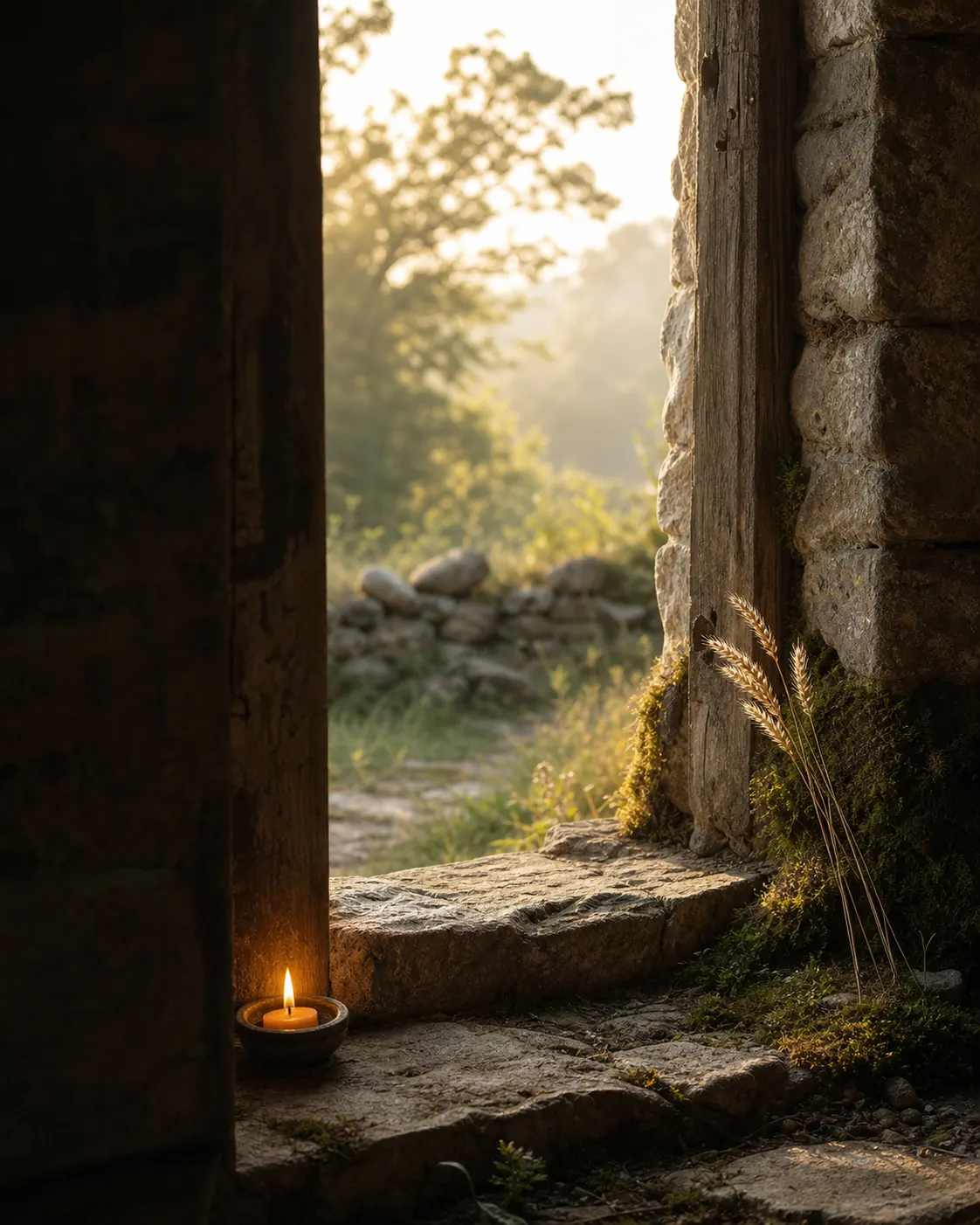A single candle in a stone doorway opening to soft morning light